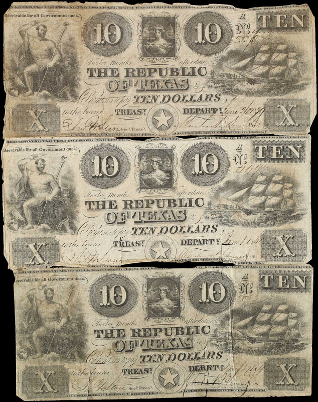 Lot of (3). Austin, Texas. Republic of Texas. 1839-40. $10. Very Good to Fine.
...