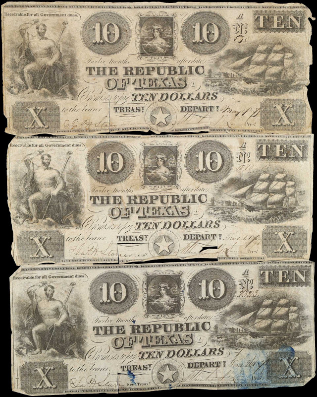 Lot of (3). Austin, Texas. Republic of Texas. 1830s-40s. $10. Very Good to Fine....