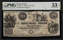 Austin, Texas. Republic of Texas. 1839-41. $20. PMG About Uncirculated 53 EPQ.
(TXCRA6). No. 5299, Plate A. A nice example of this lone star $20, off...