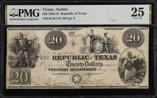 Austin, Texas. Republic of Texas. 1839-41. $20. PMG Very Fine 25.
(TXCRA6). No. 964, Plate A. PMG comments "Cut Cancelled".
From the Last Chance Hoa...