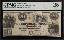 Austin, Texas. Republic of Texas. 1839-41. $20. PMG Very Fine 25.
(TXCRA6). No. 838, Plate A. PMG comments "Cut Cancelled".
From the Last Chance Hoa...