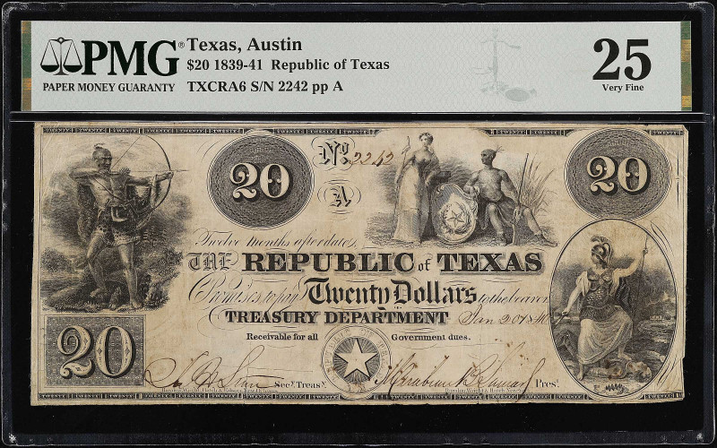 Austin, Texas. Republic of Texas. 1839-41. $20. PMG Very Fine 25.
(TXCRA6). No....