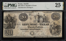 Austin, Texas. Republic of Texas. 1839-41. $20. PMG Very Fine 25.
(TXCRA6). No. 14119, Plate A. PMG comments "Cut Cancelled".
From the Last Chance H...