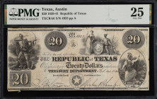 Austin, Texas. Republic of Texas. 1839-41. $20. PMG Very Fine 25.
(TXCRA6). No. 4923, Plate A. PMG comments "Cut Cancelled".
From the Last Chance Ho...