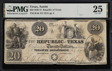 Austin, Texas. Republic of Texas. 1839-41. $20. PMG Very Fine 25.
(TXCRA6). No. 4231, Plate A. PMG comments "Cut Cancelled".
From the Last Chance Ho...