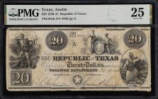 Austin, Texas. Republic of Texas. 1839-41. $20. PMG Very Fine 25.
(TXCRA6). No. 4850, Plate A. PMG comments "Cut Cancelled".
From the Last Chance Ho...