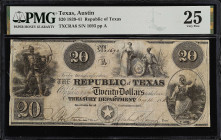 Austin, Texas. Republic of Texas. 1839-41. $20. PMG Very Fine 25.
(TXCRA6). No. 1693, Plate A. PMG comments "Cut Cancelled".
From the Last Chance Ho...