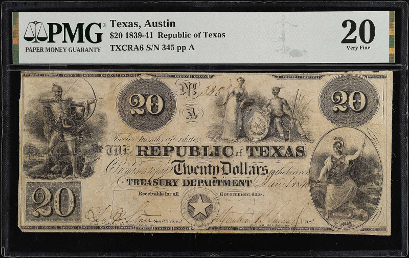 Austin, Texas. Republic of Texas. 1839-41. $20. PMG Very Fine 20.
(TXCRA6). Low...