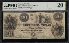 Austin, Texas. Republic of Texas. 1839-41. $20. PMG Very Fine 20.
(TXCRA6). No. 1656, Plate A. PMG comments "Cut Cancelled".
From the Last Chance Ho...