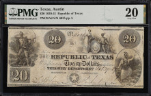 Austin, Texas. Republic of Texas. 1839-41. $20. PMG Very Fine 20.
(TXCRA6). No. 6035, Plate A. PMG comments "Cut Cancelled".
From the Last Chance Ho...