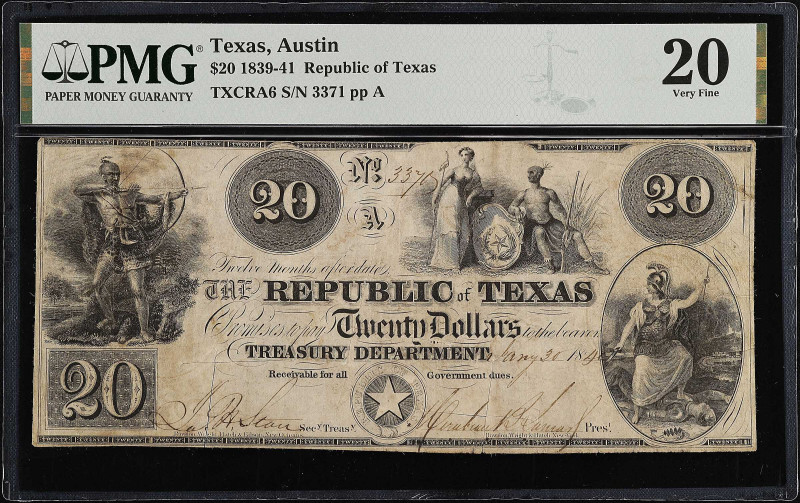 Austin, Texas. Republic of Texas. 1839-41. $20. PMG Very Fine 20.
No. 3371, Pla...