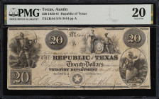 Austin, Texas. Republic of Texas. 1839-41. $20. PMG Very Fine 20.
(TXCRA6). No. 3444, Plate A. PMG comments "Cut Cancelled".
From the Last Chance Ho...