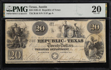 Austin, Texas. Republic of Texas. 1839-41. $20. PMG Very Fine 20.
(TXCRA6). No. 1147, Plate A. PMG comments "Cut Cancelled".
From the Last Chance Ho...