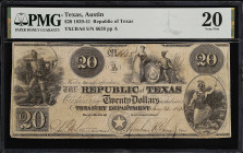 Austin, Texas. Republic of Texas. 1839-41. $20. PMG Very Fine 20.
(TXCRA6). No. 6638, Plate A. PMG comments "Cut Cancelled, Pinholes".
From the Last...