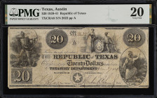 Austin, Texas. Republic of Texas. 1839-41. $20. PMG Very Fine 20.
(TXCRA6). No. 2622, Plate A. PMG comments "Cut Cancelled".
From the Last Chance Ho...