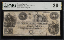 Austin, Texas. Republic of Texas. 1839-41. $20. PMG Very Fine 20.
(TXCRA6). No. 833, Plate A. PMG comments "Cut Cancelled".
From the Last Chance Hoa...