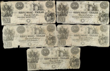 Lot of (5). Austin, Texas. Republic of Texas. 1830s-40s. $20. Very Good to Fine.
Cr. A6. Condition ranges from Very Good to Fine, with typical issues...