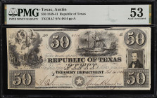 Austin, Texas. Republic of Texas. 1839-41. $50. PMG About Uncirculated 53.
(TXCRA7). No. 4814, Plate A. PMG comments "Cut Cancelled".
From the Last ...