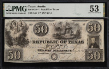 Austin, Texas. Republic of Texas. 1839-41. $50. PMG About Uncirculated 53.
(TXCRA7). No. 2826, Plate A. PMG comments "Cut Cancelled".
From the Last ...