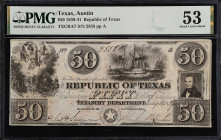 Austin, Texas. Republic of Texas. 1839-41. $50. PMG About Uncirculated 53.
(TXCRA7). No. 2858, Plate A. Always sought after in this grade level. PMG ...