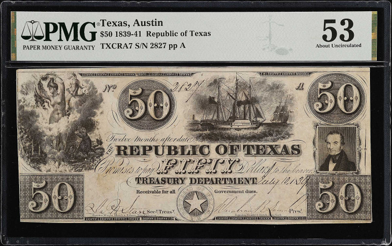 Austin, Texas. Republic of Texas. 1839-41. $50. PMG About Uncirculated 53.
(TXC...