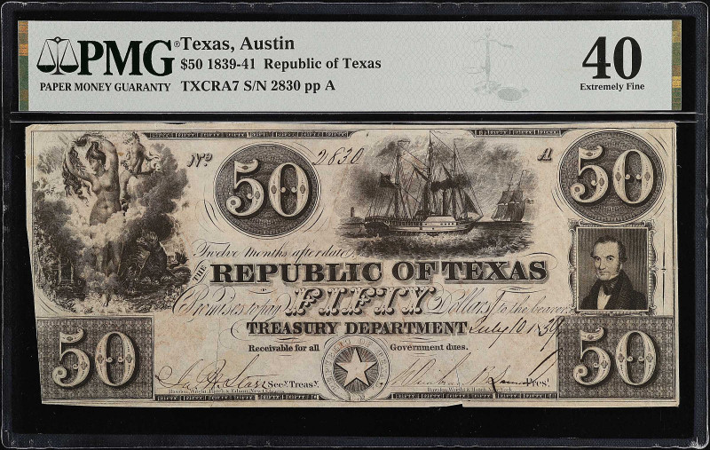 Austin, Texas. Republic of Texas. 1839-41. $50. PMG Extremely Fine 40.
(TXCRA7)...