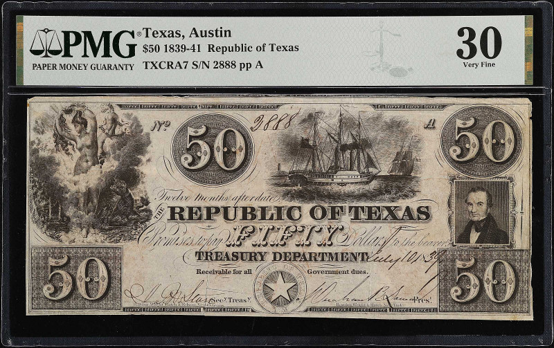 Austin, Texas. Republic of Texas. 1839-41. $50. PMG Very Fine 30.
(TXCRA7). No....