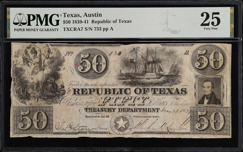 Austin, Texas. Republic of Texas. 1839-41. $50. PMG Very Fine 25.
(TXCRA7). No....