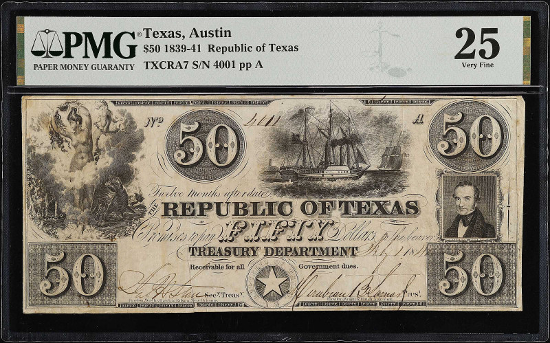 Austin, Texas. Republic of Texas. 1839-41. $50. PMG Very Fine 25.
(TXCRA7). No....