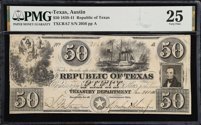 Austin, Texas. Republic of Texas. 1839-41 $50. PMG Very Fine 25.
(TXCRA7).No. 2...