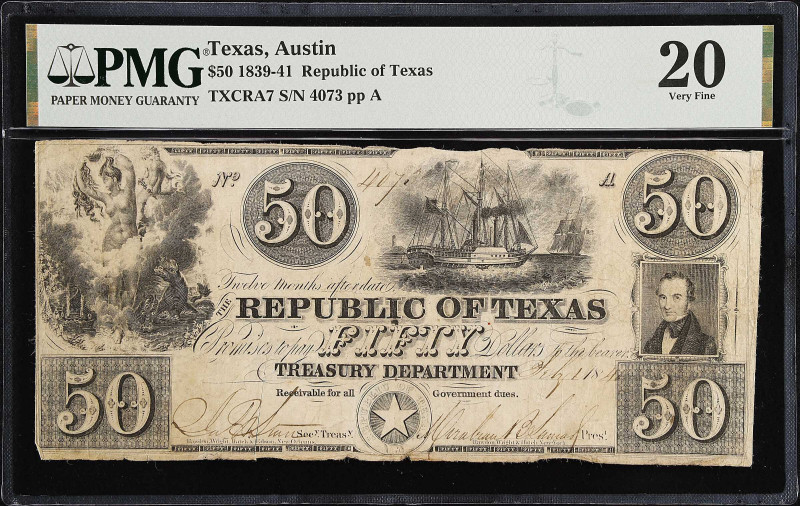 Austin, Texas. Republic of Texas. 1839-41 $50. PMG Very Fine 20.
(TXCRA7).No. 4...