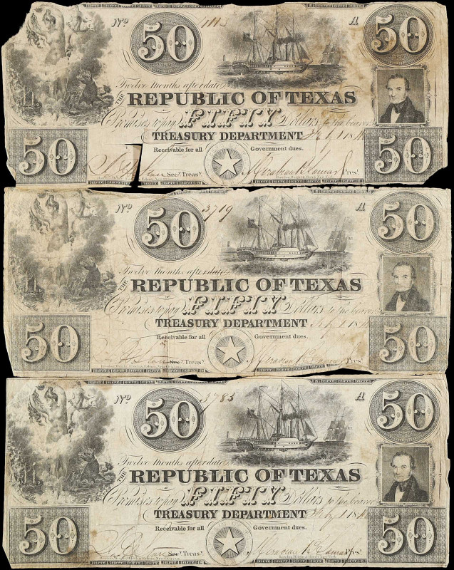 Lot of (3). Austin, Texas. Republic of Texas. 1840. $50. Very Good to Fine.
Cr....