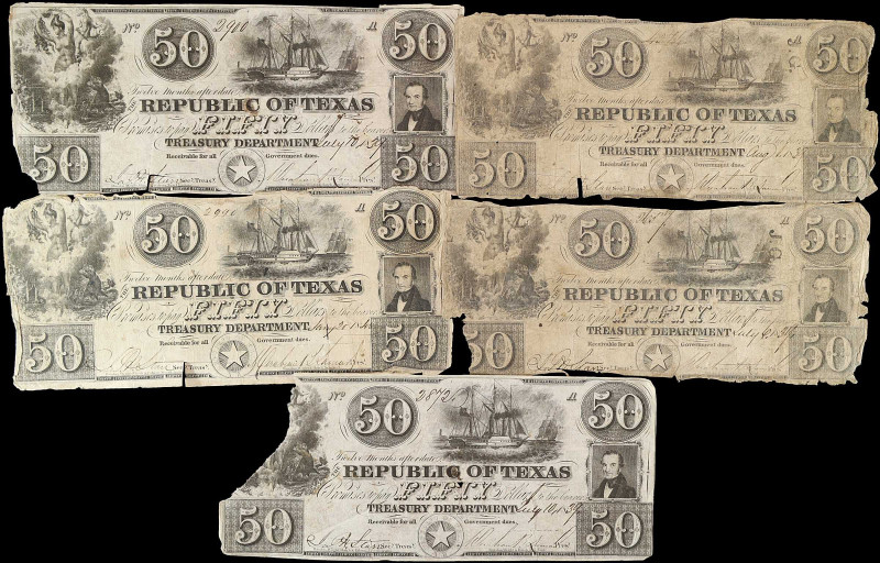 Lot of (5). Austin, Texas. Republic of Texas. 1839-40. $50. Good to Very Fine.
...