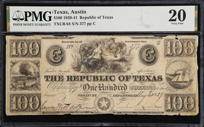 Austin, Texas. Republic of Texas. 1839-41 $100. PMG Very Fine 20.
(TXCRA8). No....