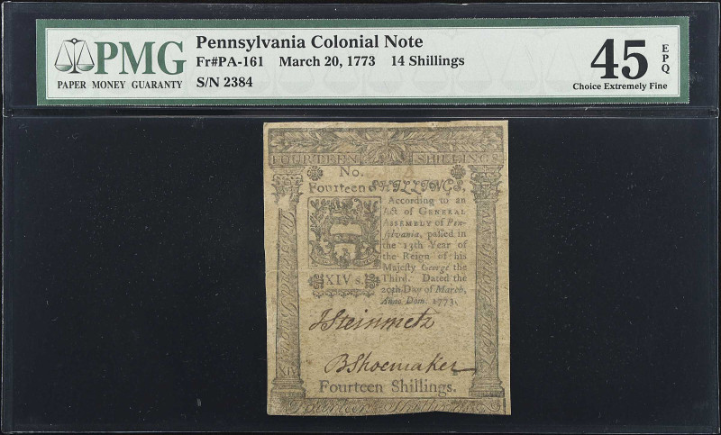 PA-161. Pennsylvania. March 20, 1773. 14 Shillings. PMG Choice Extremely Fine 45...