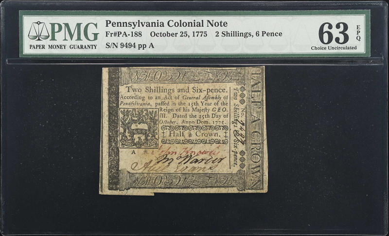 PA-188. Pennsylvania. October 25, 1775. 2 Shillings, 6 Pence. PMG Choice Uncircu...