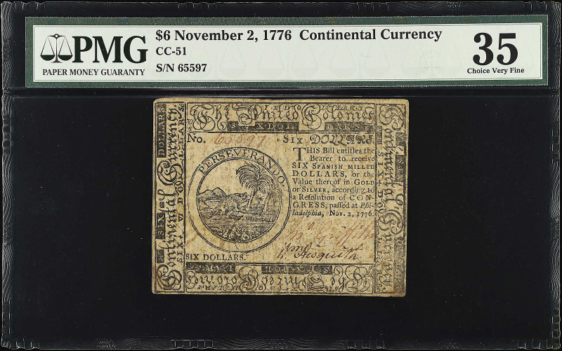 CC-51. Continental Currency. November 2, 1776. $6. PMG Choice Very Fine 35.
No....