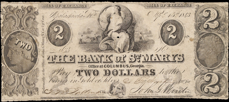 Apalachicola, Florida. Bank of St. Mary's. 1843 $2. Very Good.
R-6. Signature o...