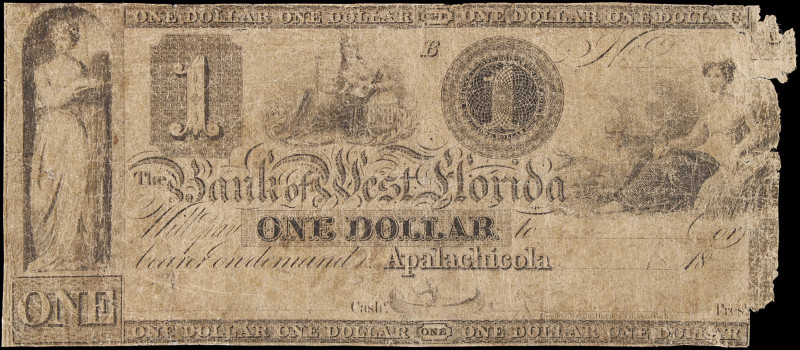 Appalachicola, Florida. Bank of West Florida. 18xx $1. Good.
R-6. Rare. In Good...