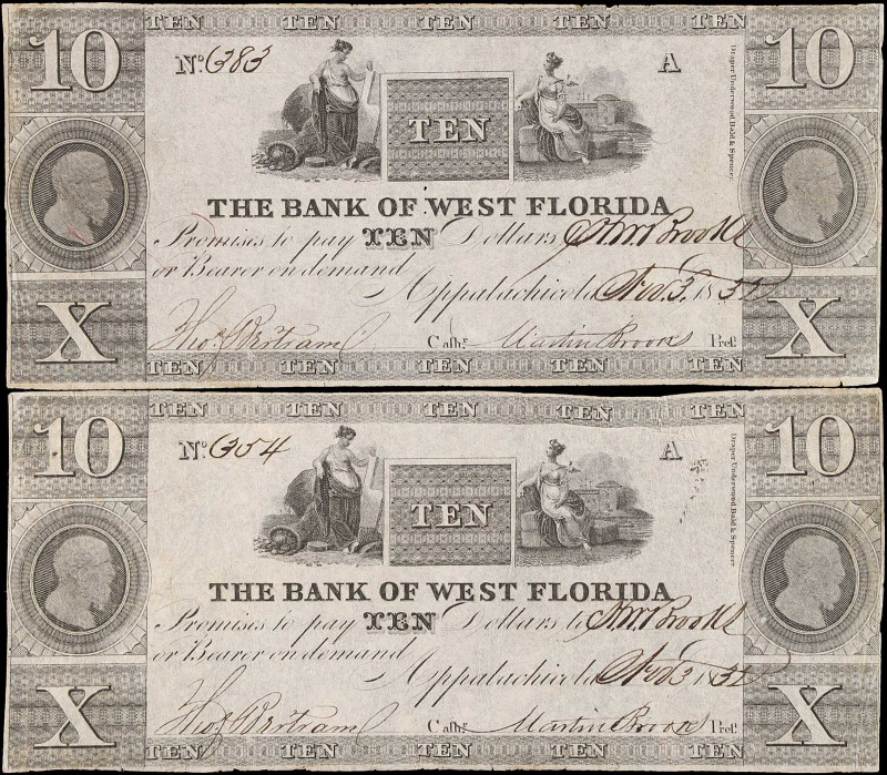 Lot of (2). Appalachicola, Florida. Bank of West Florida. 1832 $10. Very Fine.
...