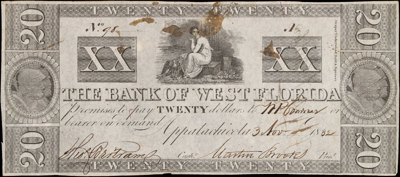 Appalachicola, Florida. Bank of West Florida. 1835 $20. Extremely Fine.
Stains....