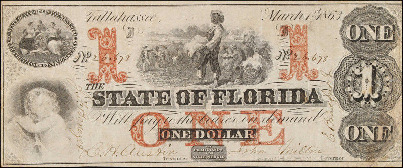 Tallahassee, Florida. State of Florida. 1863 $1. Fine.
Governor John Milton sig...