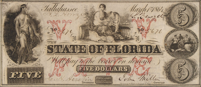 Tallahassee, Florida. State of Florida. 1864 $5. About Uncirculated.
With water...