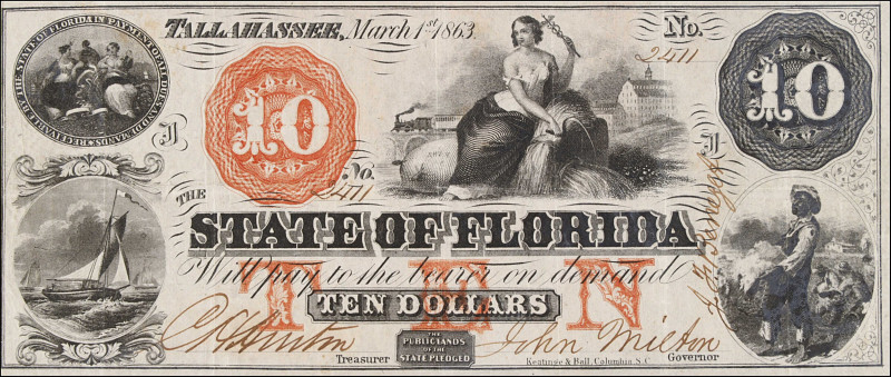 Tallahassee, Florida. State of Florida. 1863 $10. Very Fine.
John Milton signat...