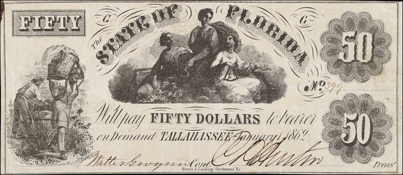 Tallahassee, Florida. State of Florida. 1862 $50. Very Fine.

Estimate: $100.0...