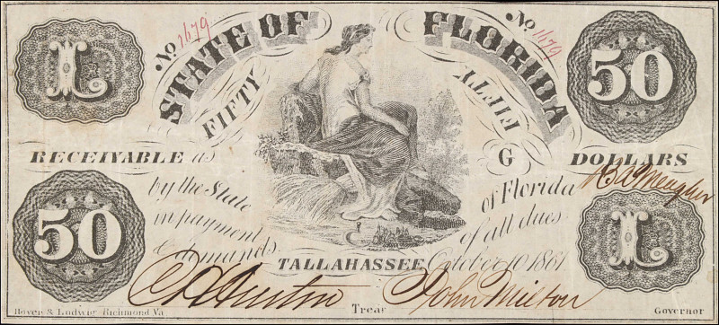 Tallahassee, Florida State of Florida. 1862 $50. Very Fine.
Governor John Milto...