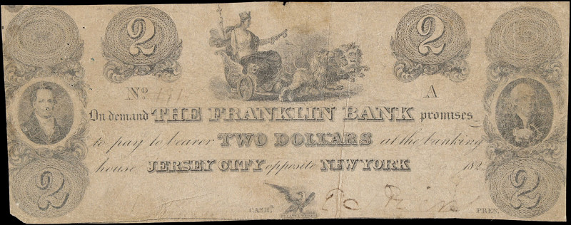 Jersey City, New York. The Franklin Bank. 1825 $2. Very Good.
Typical issues fo...