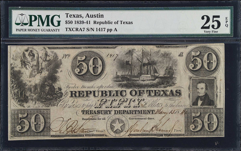 Austin, Texas. Republic of Texas. 1839-41 $50. PMG Very Fine 25 EPQ.
(TXCRA7). ...