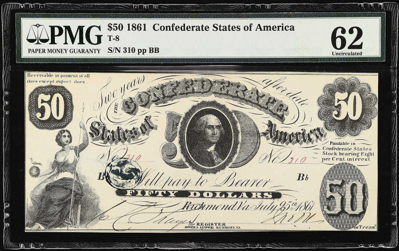 T-8. Confederate Currency. 1861 $50. PMG Uncirculated 62.
No. 310, Plate Bb. Br...