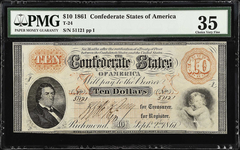 T-24. Confederate Currency. 1861 $10. PMG Choice Very Fine 35.
No. 51121, Plate...